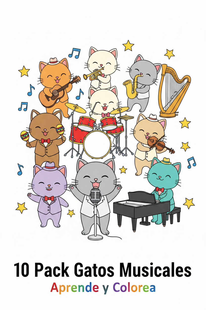 🎶 Aprende y Colorea: 10 Pack Gatos Musicales - Orquesta Completa