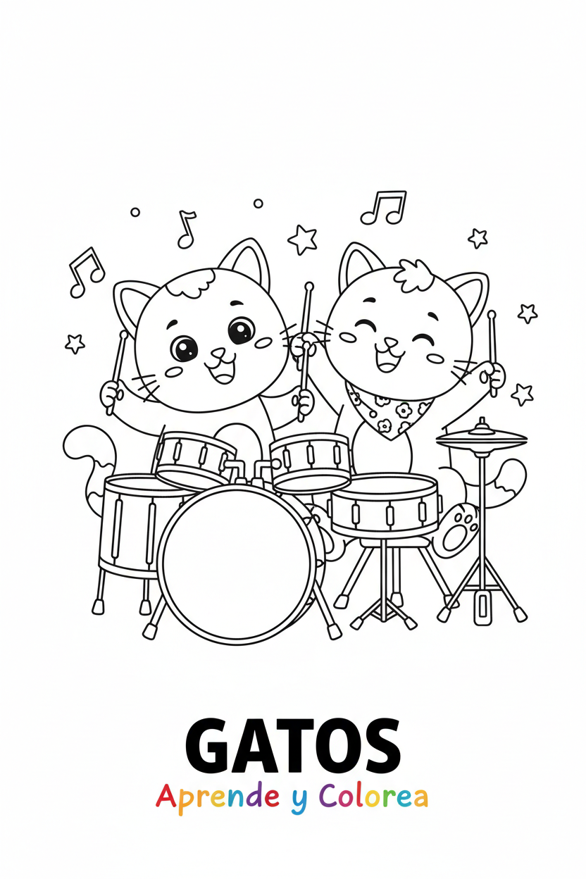 Dos Gatos con Tambores para Colorear