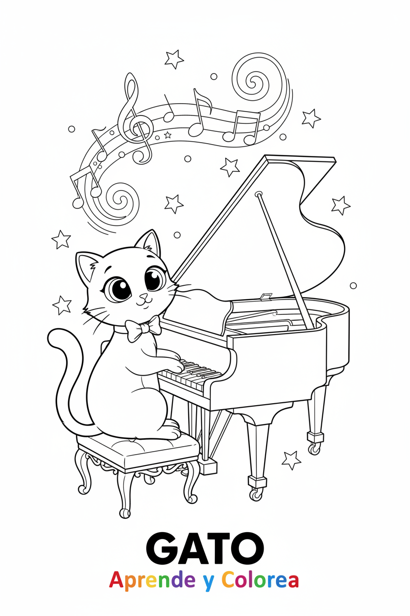 Gato Pianista para Colorear