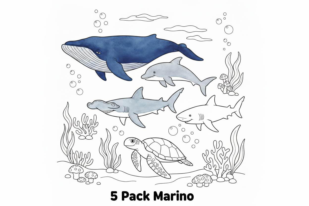 Pack E animales marinos parcialmente coloreados