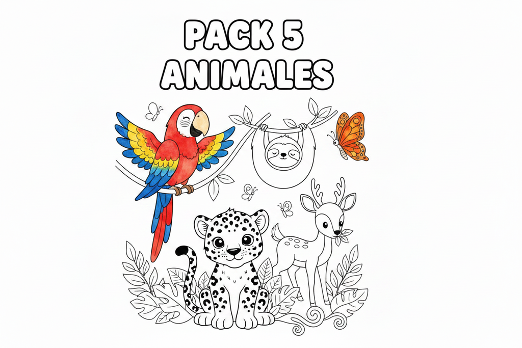 Pack D animales tropicales parcialmente coloreados
