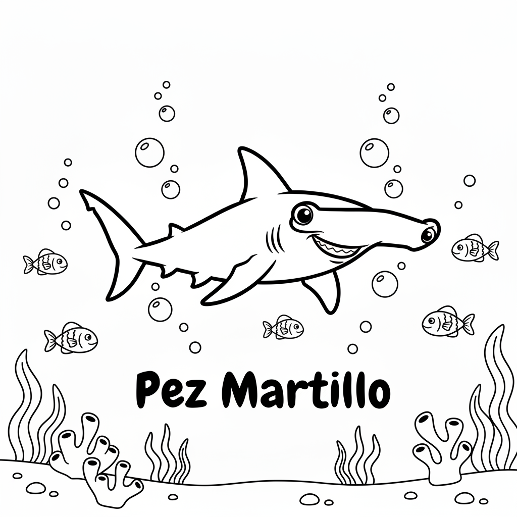Página para colorear - Pez Martillo con entorno marino